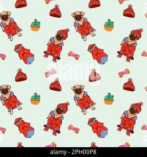 Vector illustration of a pug. Seamless vector pattern with dogs. Stock Vector