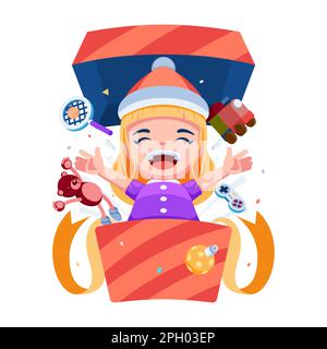 Girl with Christmas Santa Claus Hat out from Gift Box. Merry Christmas and Happy New Year Celebration Concept. Stock Vector
