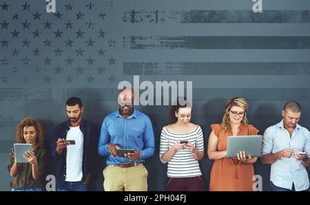 Connection, composite and a group of people with technology for communication, social media and networking. USA, overlay and men and women using tech Stock Photo