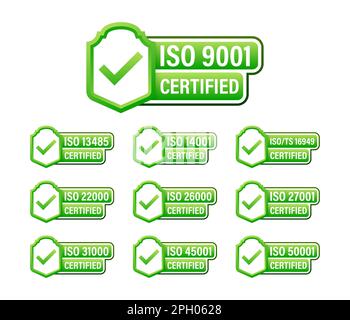 ISO certified set stamp and labels. Quality management system certified Stock Vector