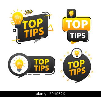 Top tips label set. light bulb. Top tips and tricks from experts in their field Stock Vector