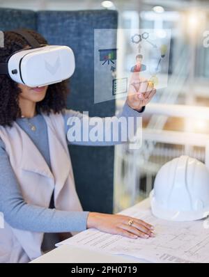Woman, VR and construction with blueprint in planning, UI or UX for project strategy or hologram at the office. Female architect touching virtual Stock Photo