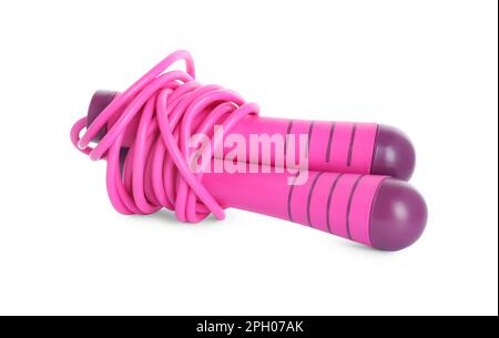 Pink skipping rope isolated on white. Sport equipment Stock Photo