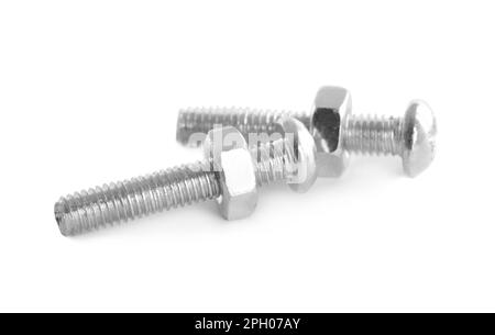 Metal carriage bolts with hex nuts on white background Stock Photo