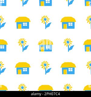 Seamless pattern with illustration houses and flowers in blue and yellow color in cutting style on white color Stock Vector