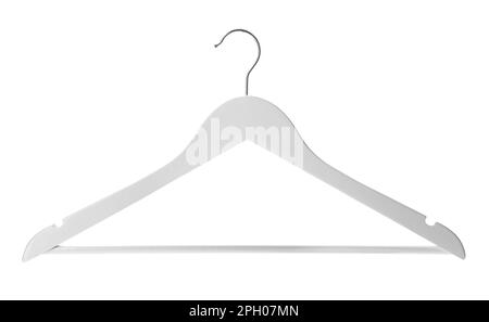 Empty wooden hanger isolated on white. Wardrobe accessory Stock Photo