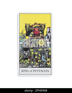 The King of Pentacles tarot card on white background, top view Stock Photo