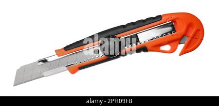 Orange utility knife isolated on white. Construction tool Stock Photo