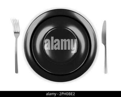 Two black round empty plates top view with fork and knife. Vector illustration isolated on white background Stock Vector
