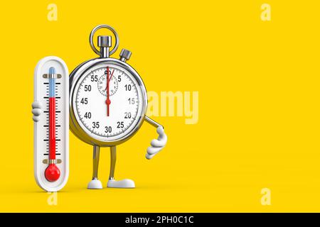 Modern Stopwatch Cartoon Person Character Mascot with Outdoor Thermometer on a yellow background. 3d Rendering Stock Photo