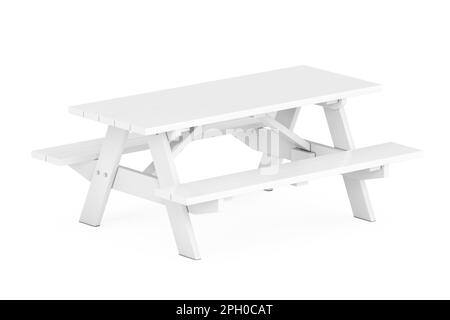 White Picnic Table with Benches in Clay Style on a white background. 3d Rendering Stock Photo