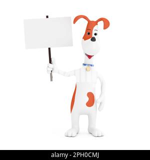 Cartoon Cute Dog Holding White Blank Protest Ad Banner Placard Mockup on a white background. 3d Rendering Stock Photo