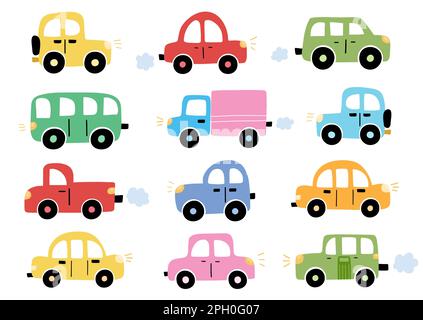 Cute cars in cartoon style collection. Transport clipart for kids and baby design Stock Vector