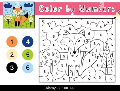 Color by numbers game for kids. Coloring page with a cute fox in the forest Stock Vector