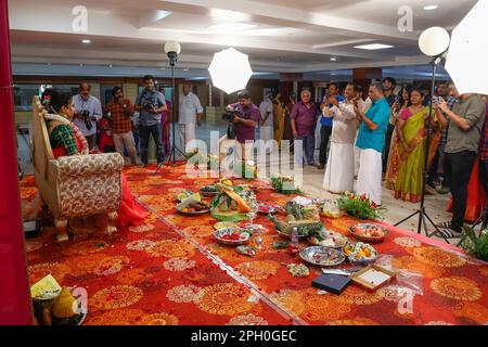 Bride and groom pose for photographs at the Engagement Party,Trichy,Tamil Nadu India Stock Photo