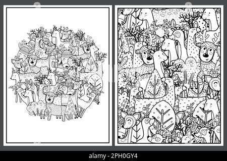 Coloring pages set with cute deers. Doodle reindeers in the forest for coloring book Stock Vector