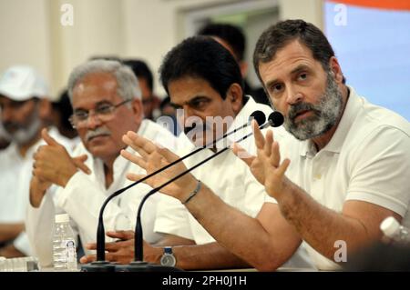 New Delhi, Delhi, India. 25th Mar, 2023. Former Congress President Rahul Gandhi who Disqualifeid as Member of Parliamet from Loksabha in Defimation case, Comments in Rally on Modi Community surname, at his First press conference after Disqualifeid, at all india congress commitee party head office, on Saturday 25 march 2023. also present in press conference Rajsthan Ashok Ghelout and Chhatisgarh Bhupesh Baghel Chief Ministers aned Party General Secretary K. C. Venugopal, and senior party Leader Jairam Ramesh, (Credit Image: © Ravi Batra/ZUMA Press Wire) EDITORIAL USAGE ONLY! Not for Commercia Stock Photo