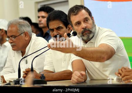 New Delhi, Delhi, India. 25th Mar, 2023. Former Congress President Rahul Gandhi who Disqualifeid as Member of Parliamet from Loksabha in Defimation case, Comments in Rally on Modi Community surname, at his First press conference after Disqualifeid, at all india congress commitee party head office, on Saturday 25 march 2023. also present in press conference Rajsthan Ashok Ghelout and Chhatisgarh Bhupesh Baghel Chief Ministers aned Party General Secretary K. C. Venugopal, and senior party Leader Jairam Ramesh, (Credit Image: © Ravi Batra/ZUMA Press Wire) EDITORIAL USAGE ONLY! Not for Commercia Stock Photo