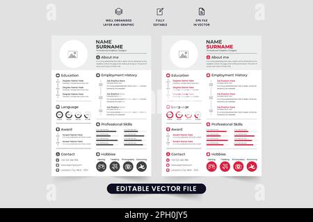 Company intern resume template vector with employee activities and skills. Modern resume template design for official employment. Minimal CV and resum Stock Vector