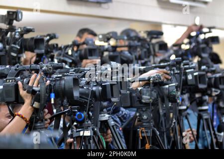 New Delhi, Delhi, India. 25th Mar, 2023. Media at Former Congress President Rahul Gandhi who Disqualifeid as Member of Parliamet from Loksabha in Defimation case, Comments in Rally on Modi Community surname, at his First press conference after Disqualifeid, at all india congress commitee party head office, on Saturday 25 march 2023. also present in press conference Rajsthan Ashok Ghelout and Chhatisgarh Bhupesh Baghel Chief Ministers aned Party General Secretary K. C. Venugopal, and senior party Leader Jairam Ramesh, (Credit Image: © Ravi Batra/ZUMA Press Wire) EDITORIAL USAGE ONLY! Not for Stock Photo