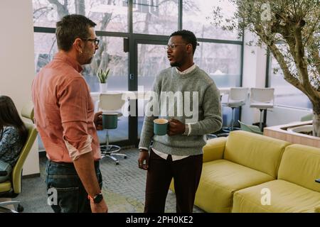 Two diverse coworkers making a plan for their next client on the internet at the office Stock Photo