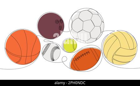 Vector continuous one single line drawing set vector of balls and equipment. Stock Vector