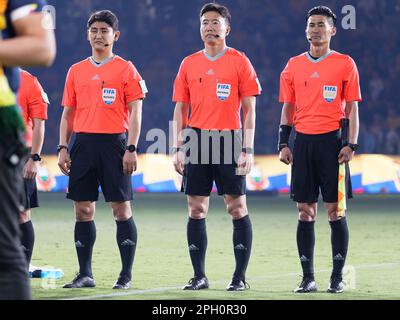 The match referees CHAE Sang Hyeop, KIM Dae Yong and KWAK Seung Soon line up before the match between Australia and Ecuador at CommBank Stadium on Mar Stock Photo