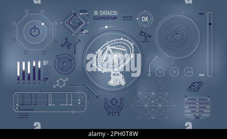 Set of infographic elements about radio astronomy and space observation. Stock Vector