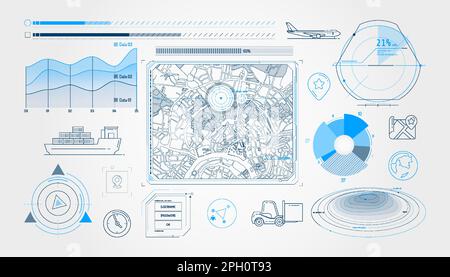 Set of infographic elements about geolocation and cargo transportation. Stock Vector