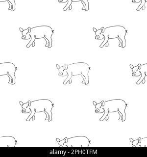 Seamless pattern with pigs illustration in line art style on white background Stock Vector