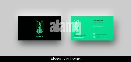 Business card top view mockup with bright shield form ornament logo and green RGB background, mail and phone icons. Corporate identity minimalistic Stock Vector