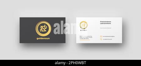 Luxury business card top view mockup with circle ornament golden logo and grey background, mail and phone icons. Corporate identity minimalistic style Stock Vector