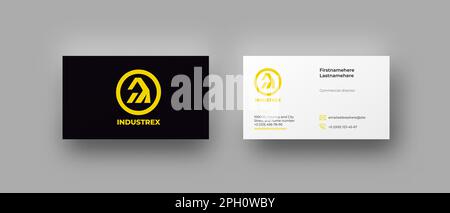 Business card top view mockup with circle industrial logo and black background, mail and phone icons. Stationery corporate identity high tech minimal Stock Vector