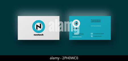 Premium business card top view mockup with circle letter N logo and blue background, mail and phone icons. Corporate identity minimalistic style Stock Vector