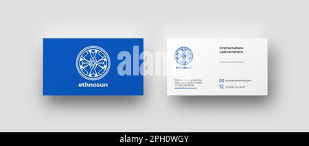 Realistic business card top view mockup with circle ornament logo and blue background, mail and phone icons. Corporate identity minimalistic style Stock Vector
