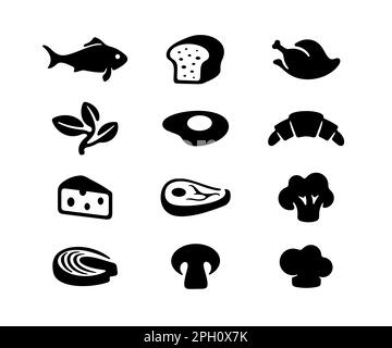 Set of vector icons, food, meal, bakery, catering, canteen and eatery. Fish, steak, meat, baking, bread, chicken, egg, cheese, mushrooms and vegetable Stock Vector