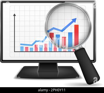 Magnifying glass showing rising bar graph with arrow on the screen of computer monitor, vector eps10 illustration Stock Vector