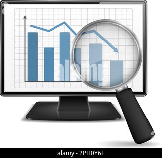 Magnifying glass showing falling bar graph on the screen of a computer, vector eps10 illustraton Stock Vector