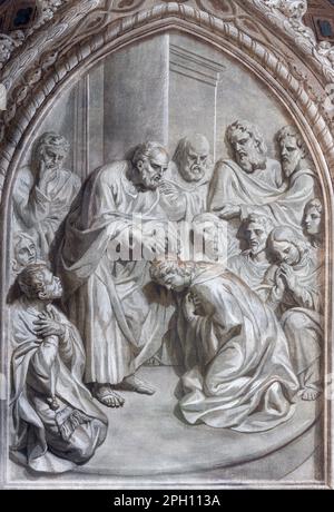 BIELLA, ITALY - JULY 15, 2022: The fresco of Choice of St. Matthias the apostle in Cathedral (Duomo) by Giovannino Galliari (1784). Stock Photo