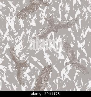 Birds of prey flying over abstract mountains. Hand drawn with pen and ink outlines. Seamless pattern. Vector background. Stock Vector