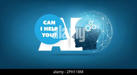 Futuristic Machine Learning, Artificial Intelligence, Cloud Computing, Automated Support Assistance and Networks Design Concept with Globe and Human H Stock Vector