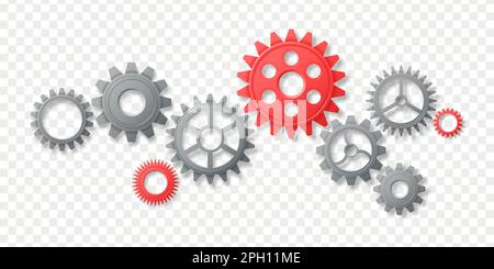 3d gear. Cog wheels. Infographic components. Engine system. Machine industry. Rotating motor cogwheels. Construction work. Realistic mechanism. Engineering technology. Vector transparent background Stock Vector