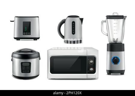 Realistic kitchen items. Household appliances. Electric steel kettle. Microwave oven. Toaster or multicooker. Home blender and juicer. Domestic mixer or container. Vector isolated houses equipment set Stock Vector