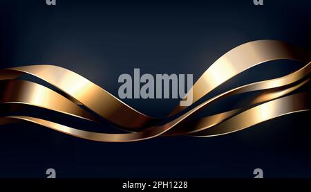 3D flowing metal shapes. Glossy waves. Dynamic curved lines. Decorative shiny gold twist. Motion fluid with metallic gilt tapes. Business presentation. Luxury background. Vector realistic black banner Stock Vector