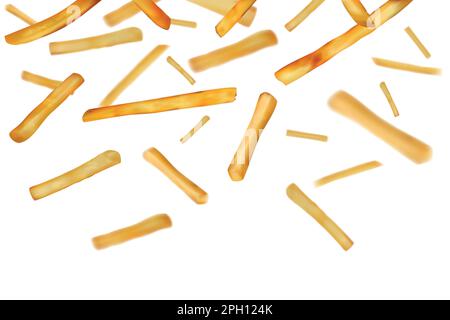 Potato sticks, french fries pattern. Salty takeaway fast food, realistic isolated snacks element falling, restaurant menu background, cafe decor or product packaging design. Vector 3d illustration Stock Vector