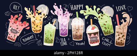 Bubble milk tea poster. Ice coffee cup, milkshake drink, food dessert chocolate mocha cream and cute smoothie isolated on black background. Cold summer beverages. Cartoon vector design web banner Stock Vector