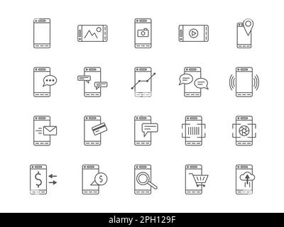 Cellphone icons. Mobile shopping. Digital data search. Payment app upload. Transfer editing. Video camera. Phone messenger. QR scanning. Banking app. Vector smartphone application line pictograms set Stock Vector