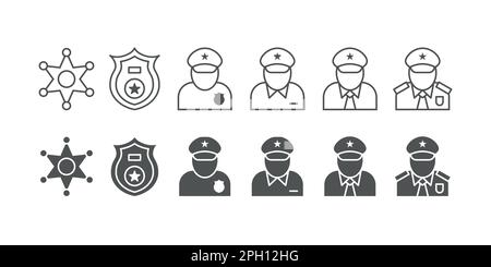 Police patrol. Safety guard icons. Road traffic department. Security or pilot man. Emergency service. Law authority. Sheriff star badges. Policeman in uniform. Vector line or black silhouette logo set Stock Vector