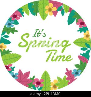 Hello spring circle frame greeting card vector image. Wreath colorful floral Spring flowers and leafs. Stock Vector