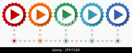 Play vector icon set, colorful infographic template, set of flat design badge icons in 5 color options Stock Vector
